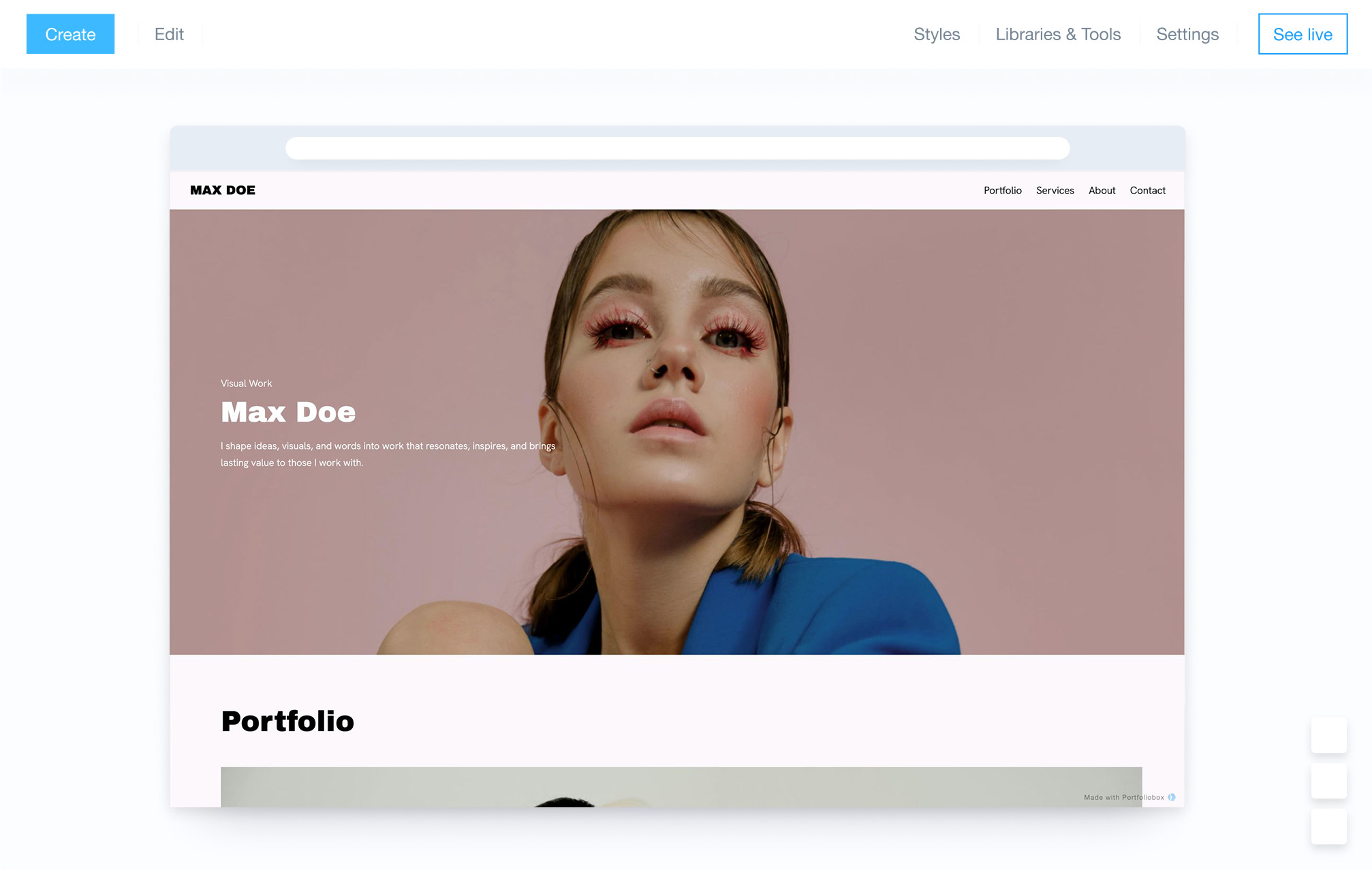 Adminpanel i Portfoliobox webbplatsbyggare