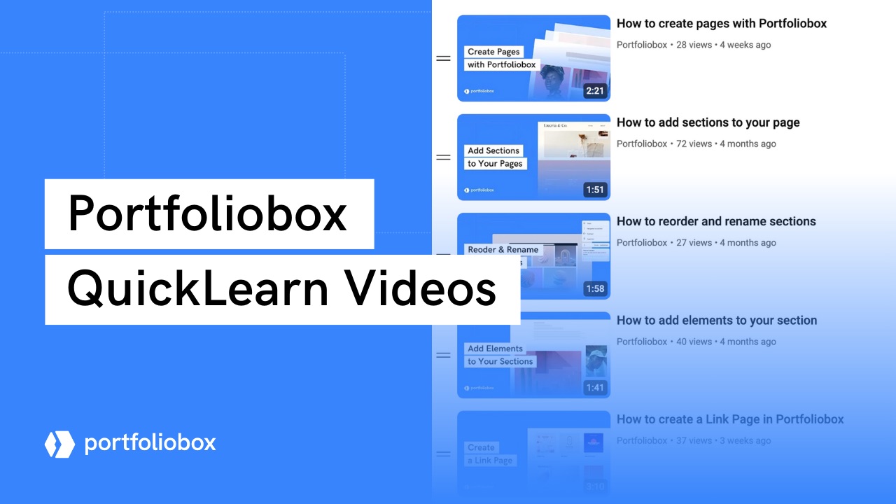 Portfoliobox QuickLearn serisine hoş geldiniz! Bu kısa, takip etmesi kolay kılavuzlar, portföy web sitenizi kurma ve kişiselleştirme konusunda temel bilgileri size sunacaktır.