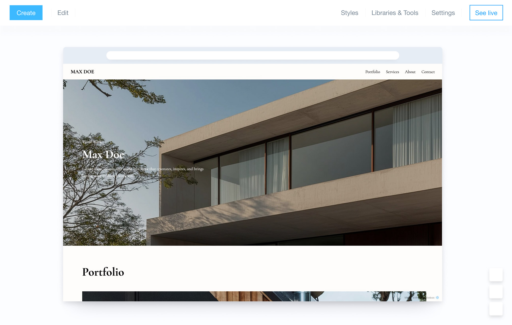 Panneau d'administration dans le constructeur de sites Portfoliobox