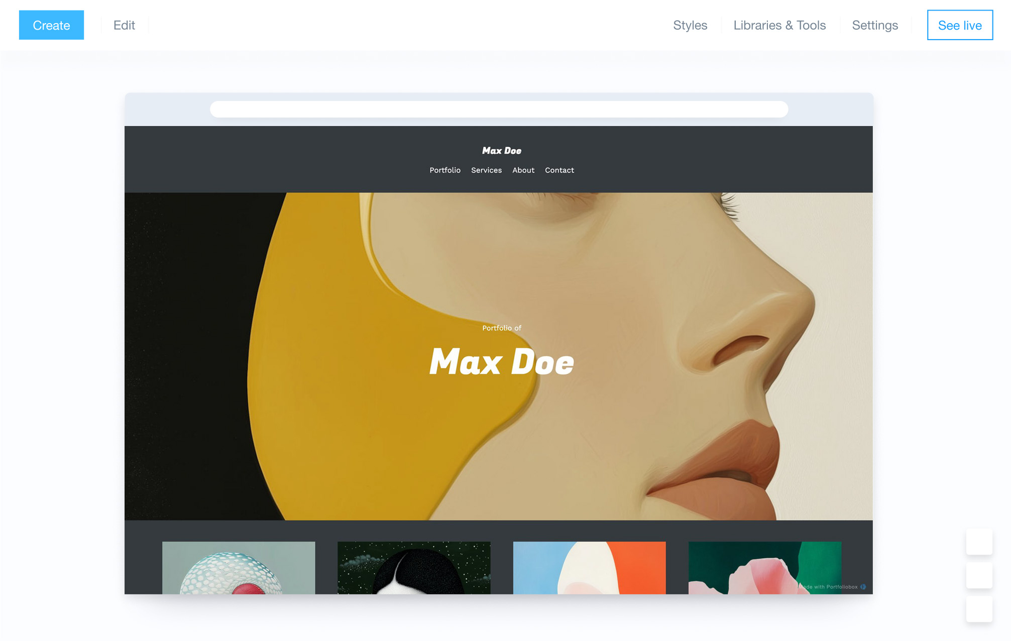 Admin Panel in the Portfoliobox Website Builder
