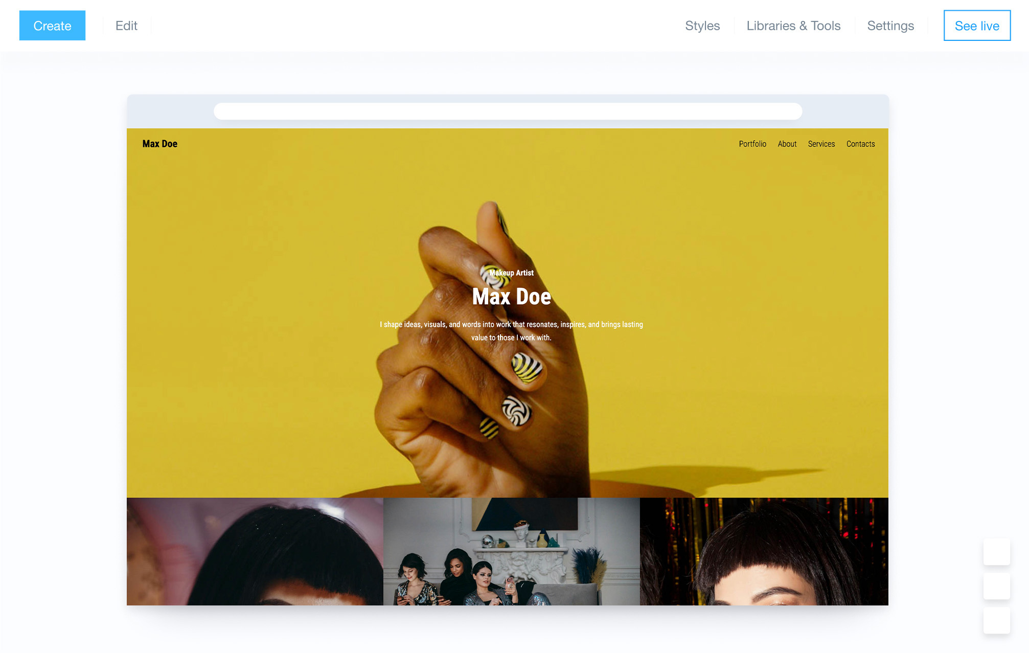 Adminpanel i Portfoliobox nettstedsbygger