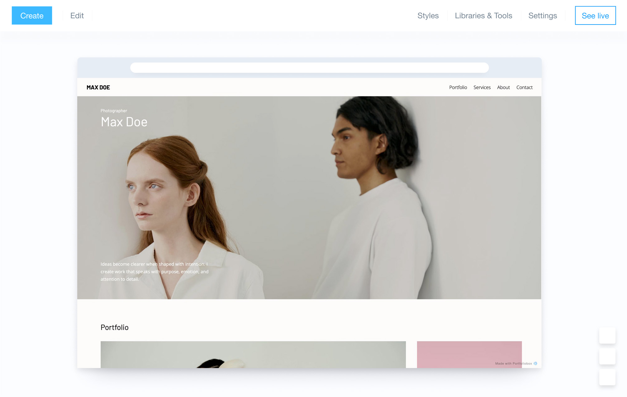 Admin Panel in the Portfoliobox Website Builder
